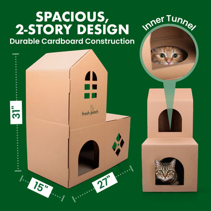 Cardboard cat house with dimensions and a cat peeking out, on a green background.