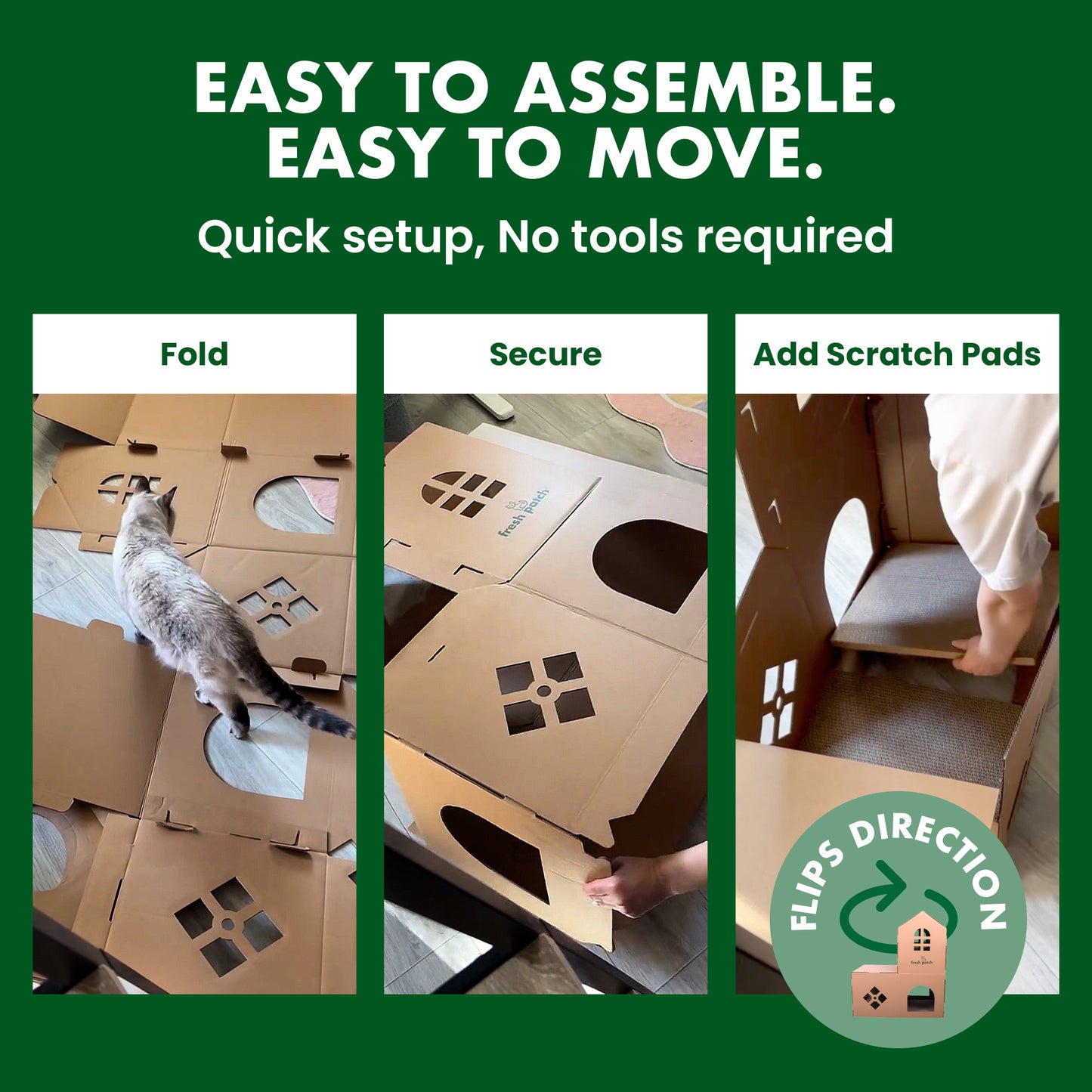 Cardboard cat house assembly process with text 'Easy to assemble. Easy to move.'