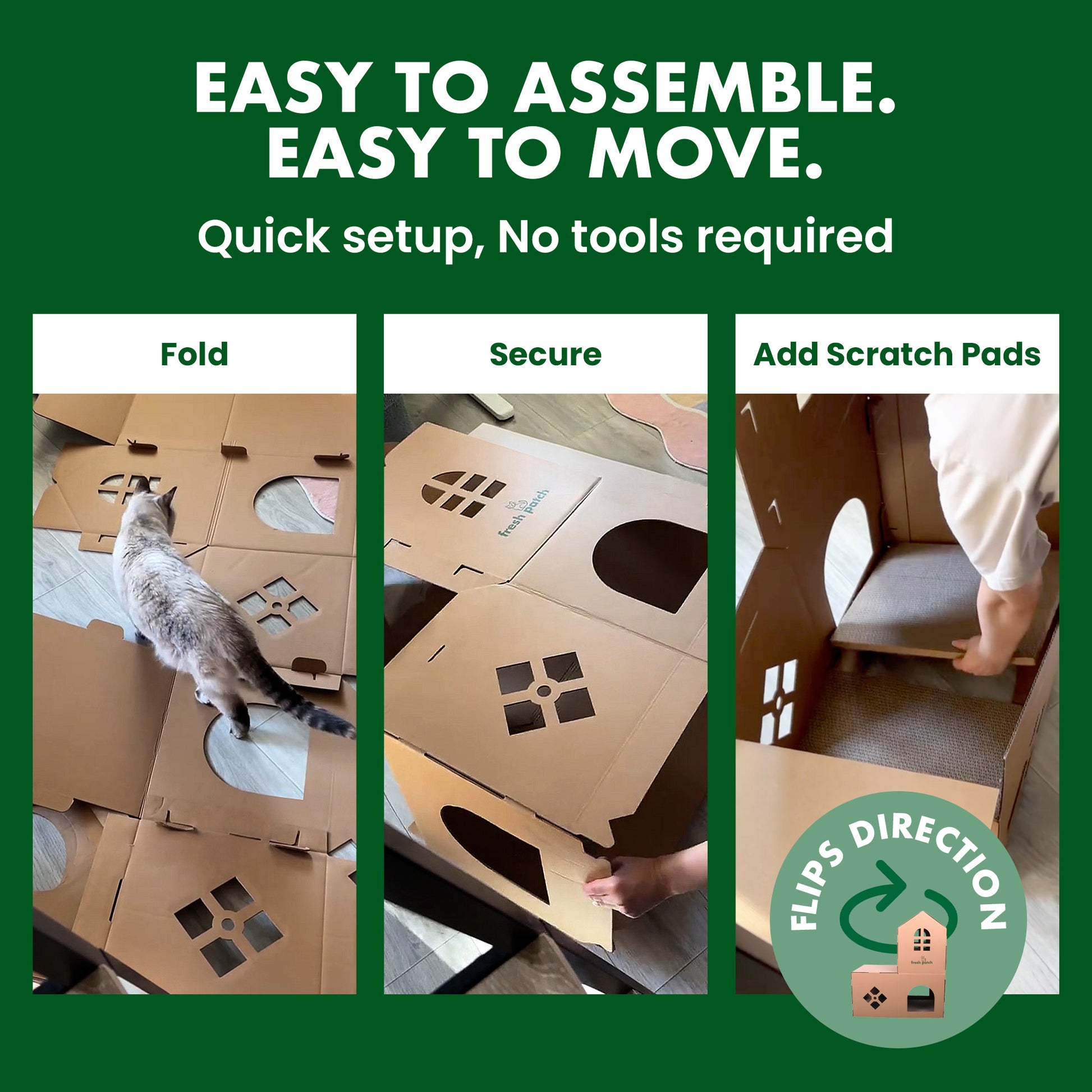 Cardboard cat house assembly process with text 'Easy to assemble. Easy to move.'