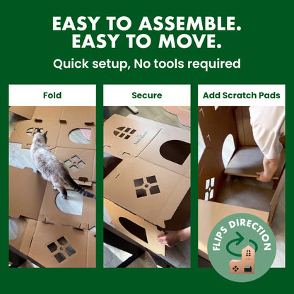 Cardboard cat house assembly process with text 'Easy to assemble. Easy to move.'
