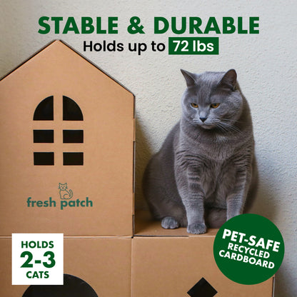 Cat sitting on a cardboard house-shaped pet bed with text about stability, durability, weight capacity, and material safety.