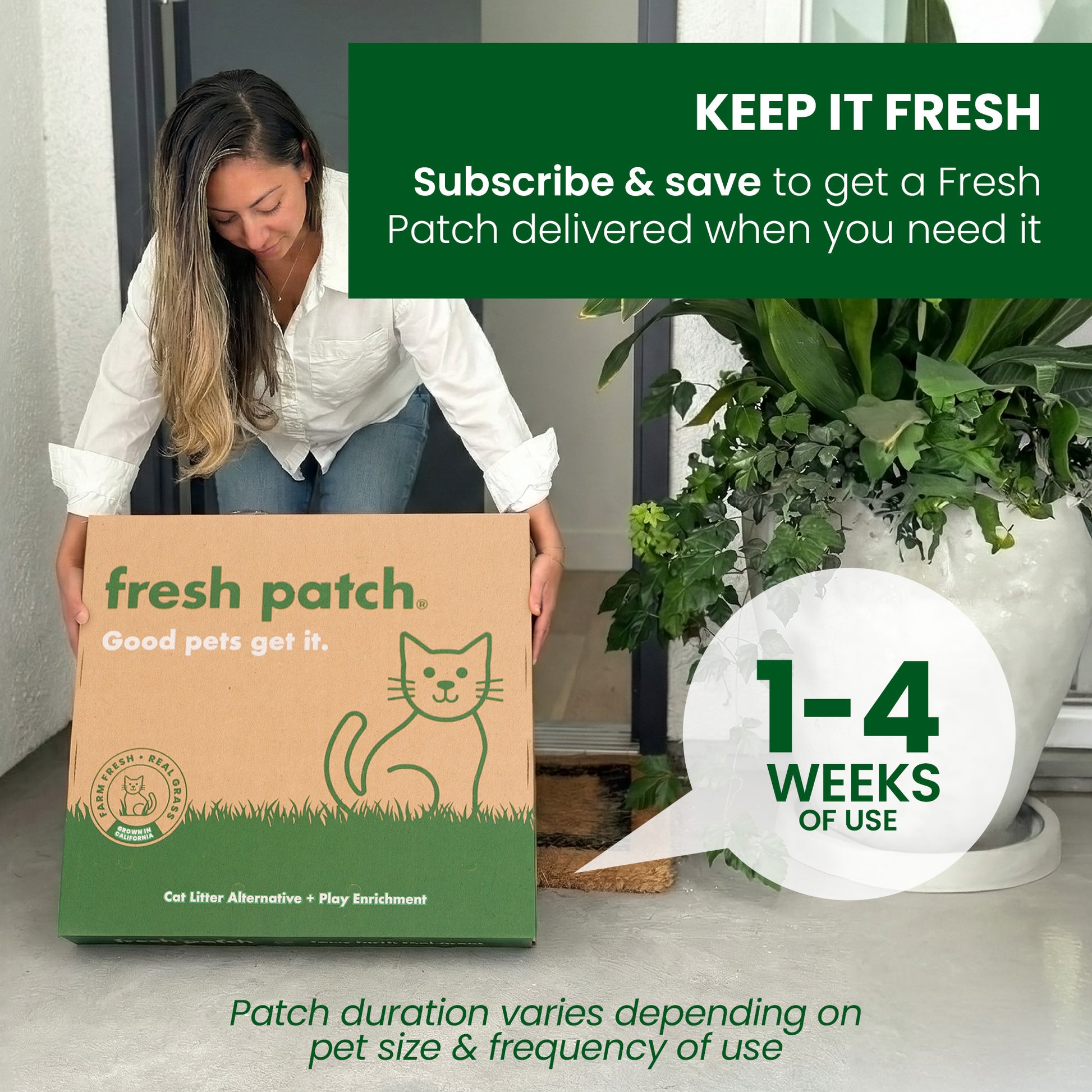 Woman holding a Fresh Patch box with promotional text about subscribing and saving.