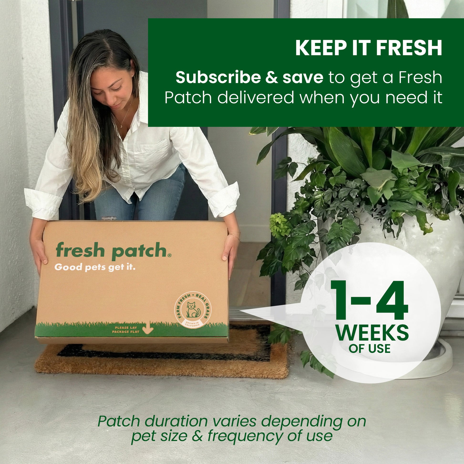 Woman holding a 'fresh patch' box with promotional text about subscribing and saving.