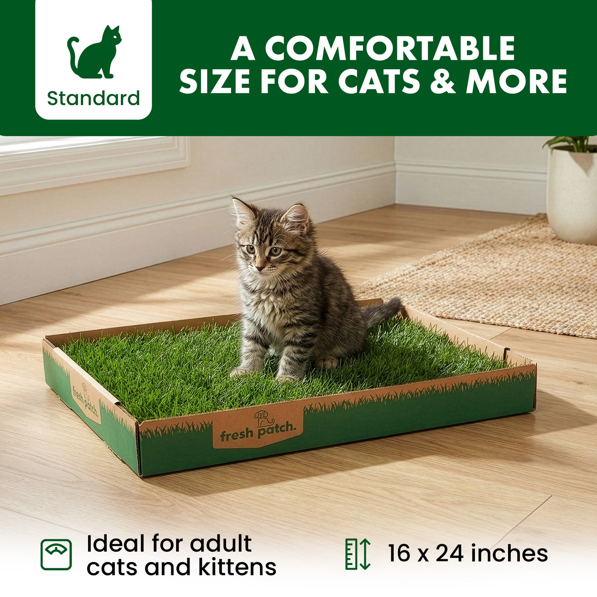 Cat using a grass patch product on a wooden floor with branding and text overlay.