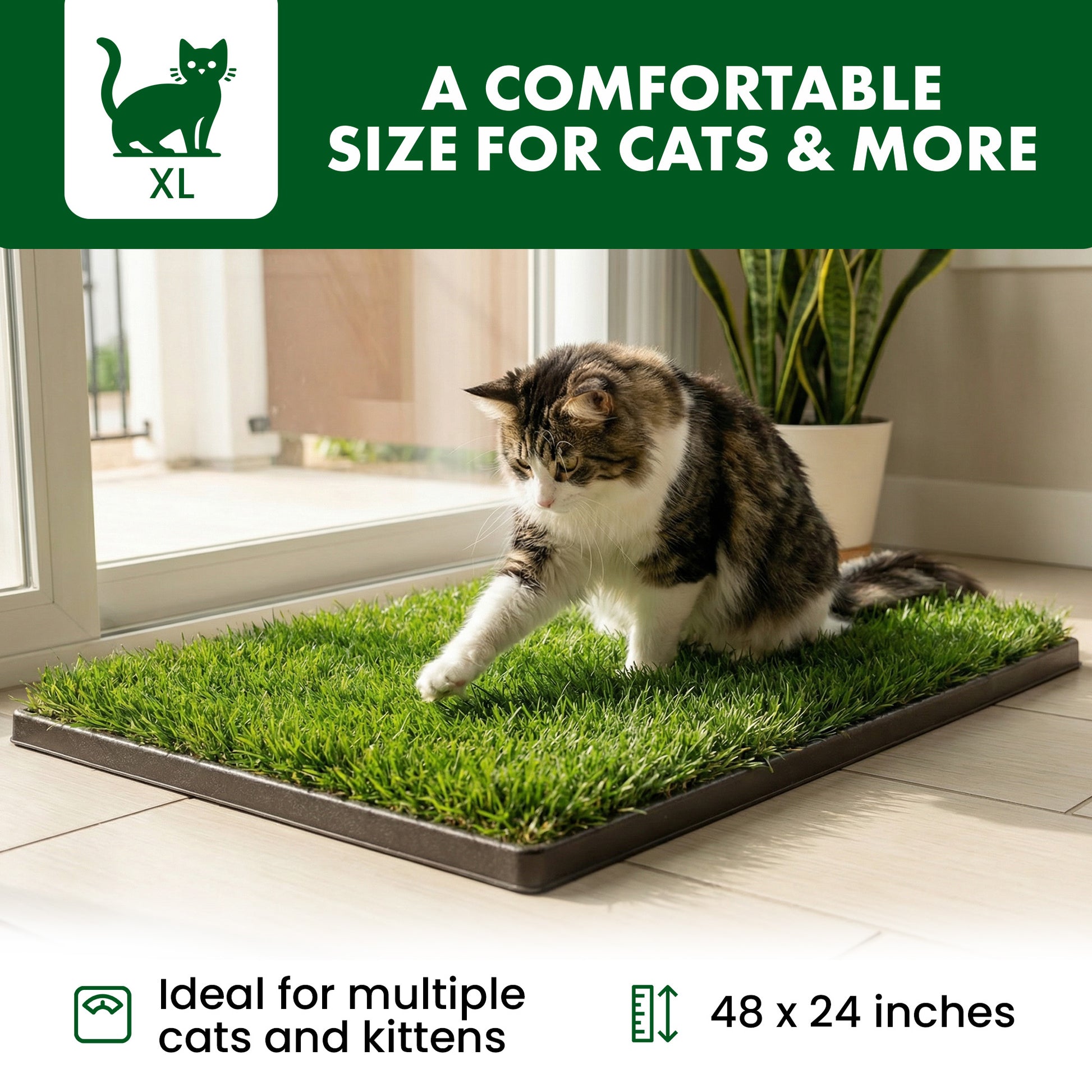 Cat using a grass-like mat indoors with text about size and suitability for cats and kittens.