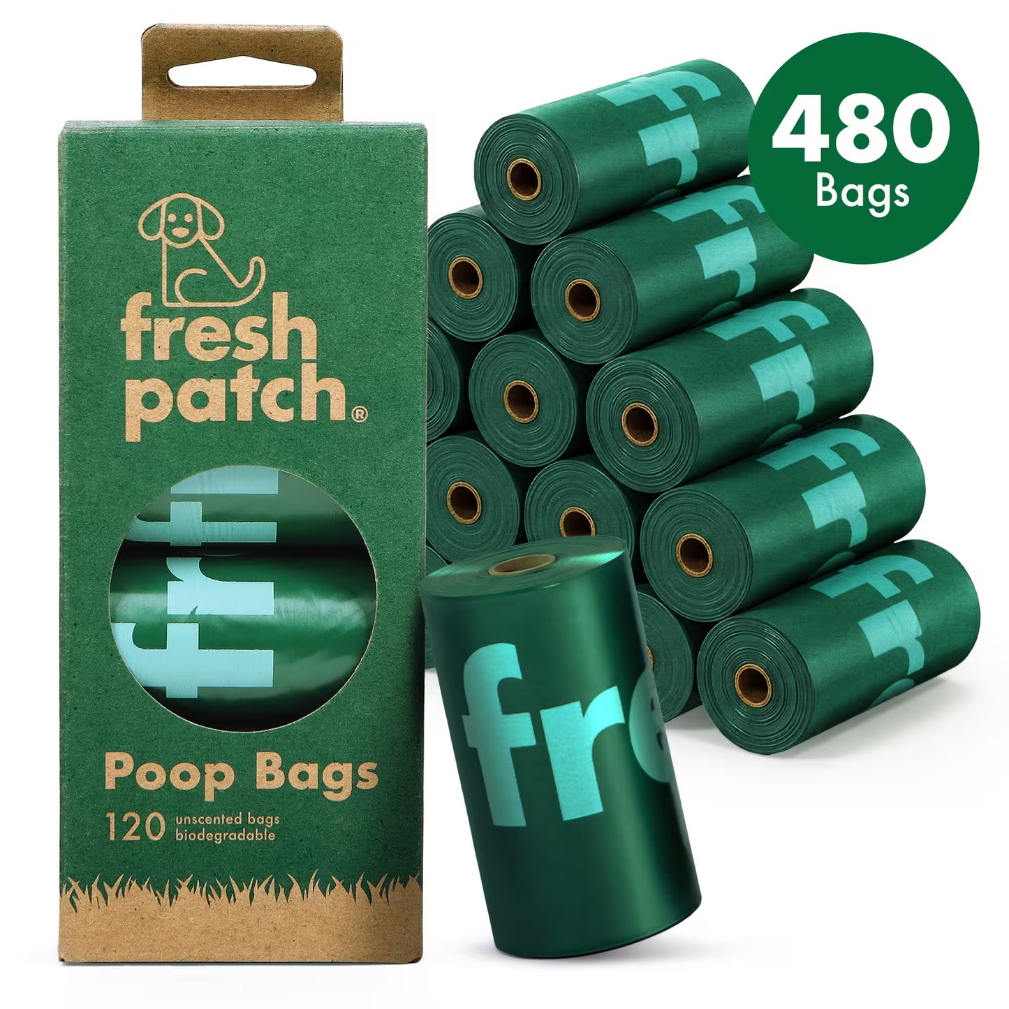 Green fresh patch poop bags packaging with multiple rolls and a box on a white background