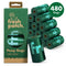 Green fresh patch poop bags packaging with multiple rolls and a box on a white background