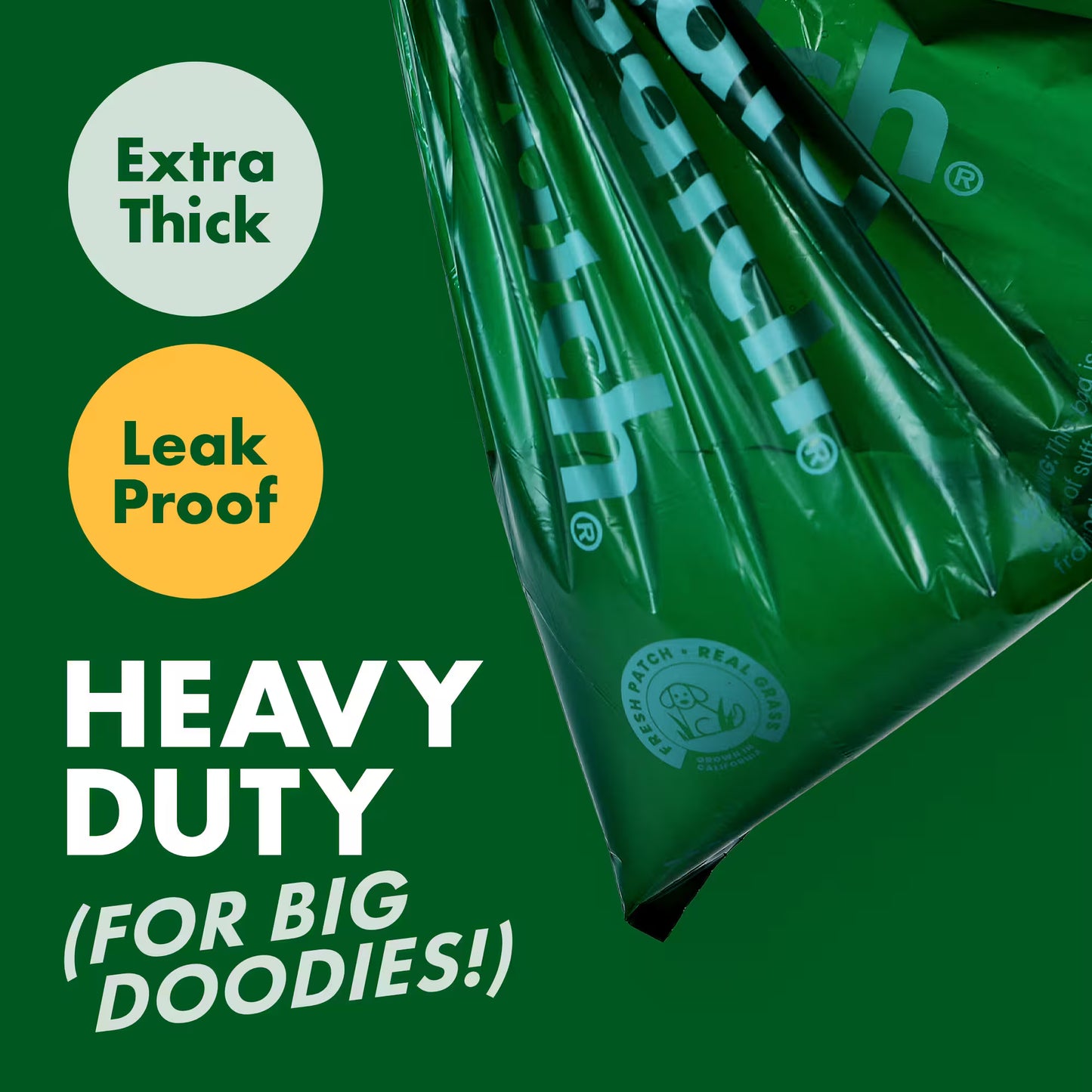 Green packaging with text highlighting features on a green background