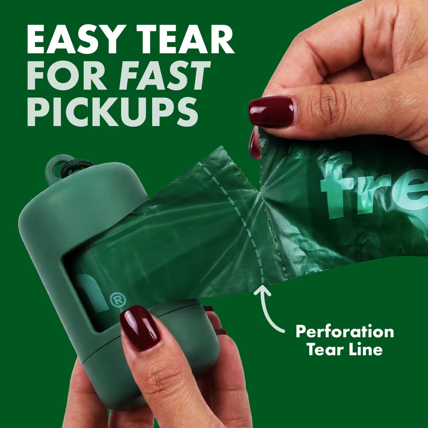 Green packaging opener with text 'Easy Tear for Fast Pickups' on a green background