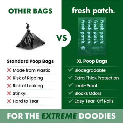 Comparison between standard poop bags and XL poop bags with 'fresh patch' branding.