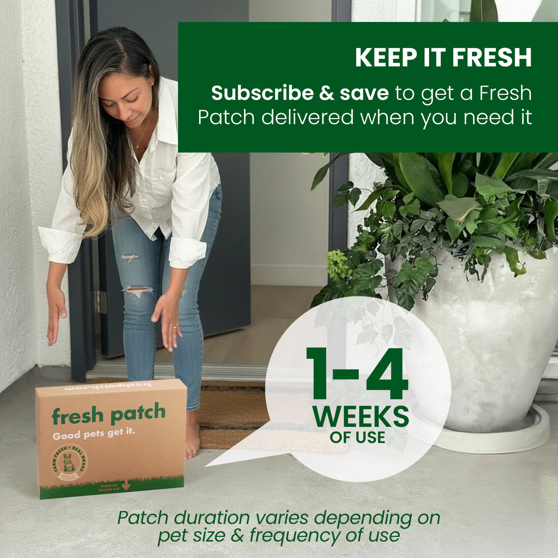 Woman receiving a 'Fresh Patch' box at her doorstep with promotional text about subscription service.