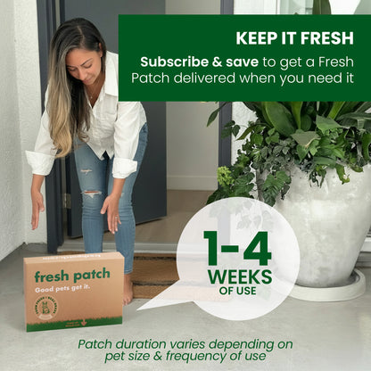 Woman receiving a 'Fresh Patch' box at her doorstep with promotional text about subscription service.