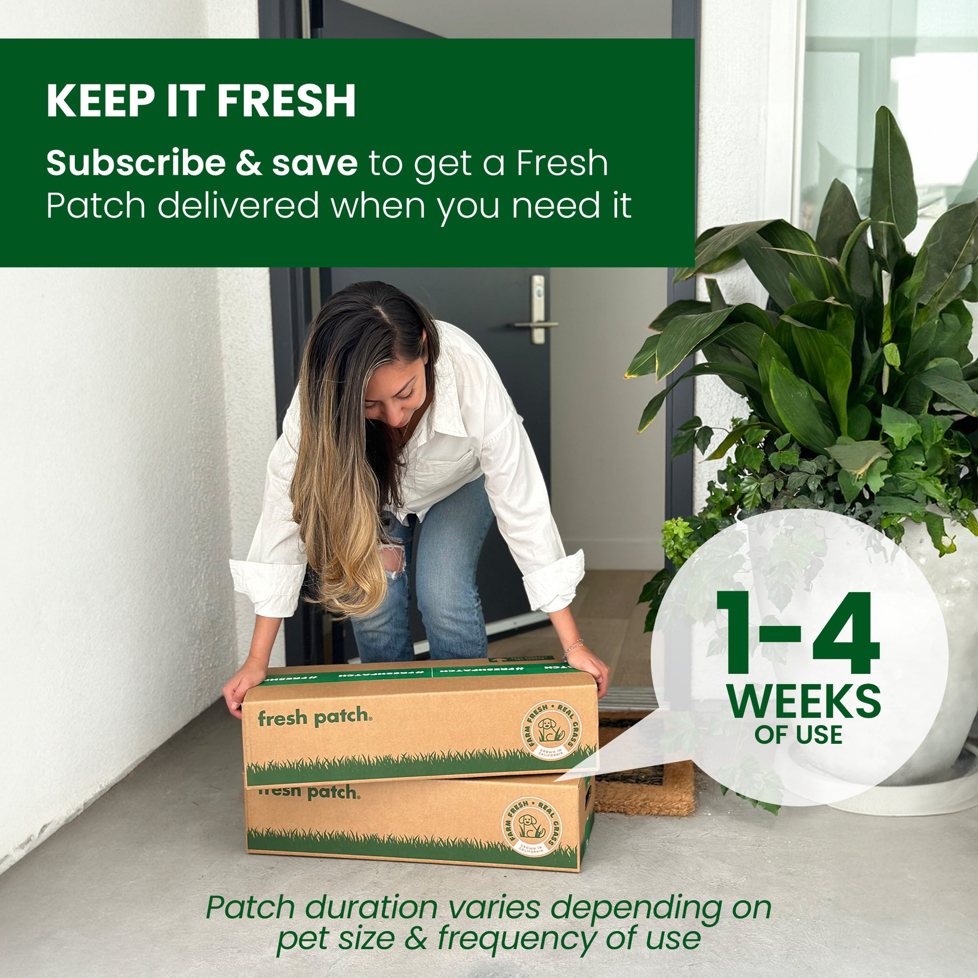 Woman opening a box of 'Fresh Patch' with promotional text about subscription service.