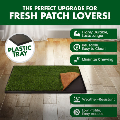 Dog training pad with plastic tray on a wooden floor, featuring text about its features.