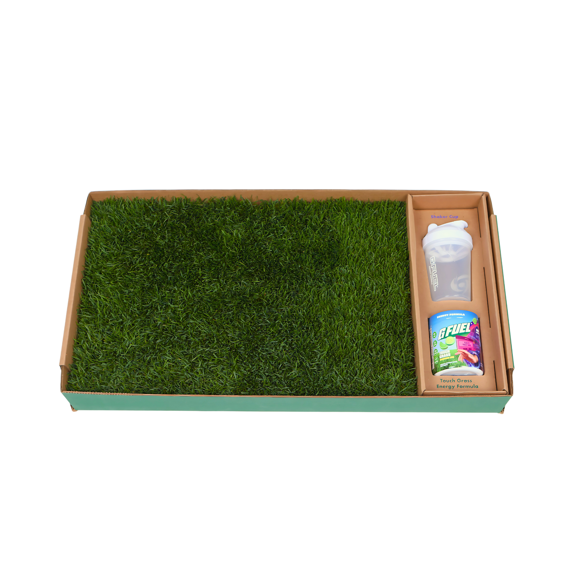 Box with real grass and GFUEL energy canister and shaker cup on a white background