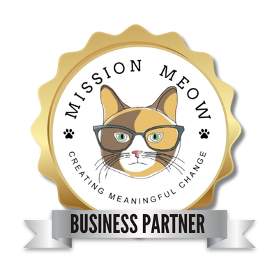 Logo of 'Mission Meow' with a cat wearing glasses on a white background