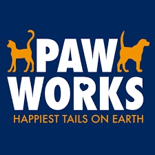 PAW WORKS logo with two dogs on a blue background