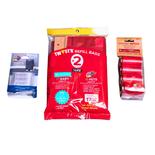 A package of Twysta 2-Tone Refill Bags for pets and babies, shown with a blue and white baby bag refill pack on the left and a roll of red dog poop bags on the right, all on a white background.