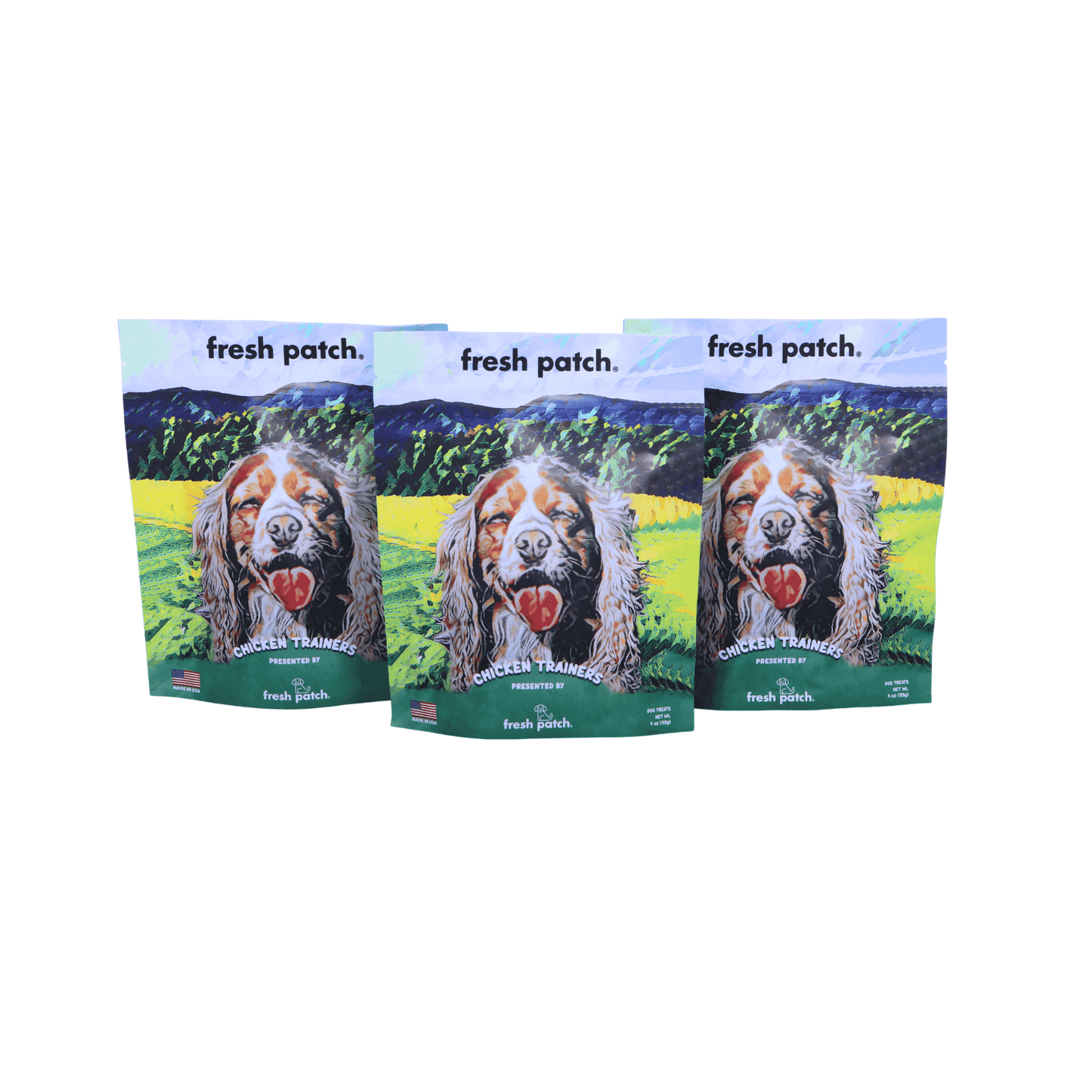 Three packages of Fresh Patch chicken training treats with a dog on the label.