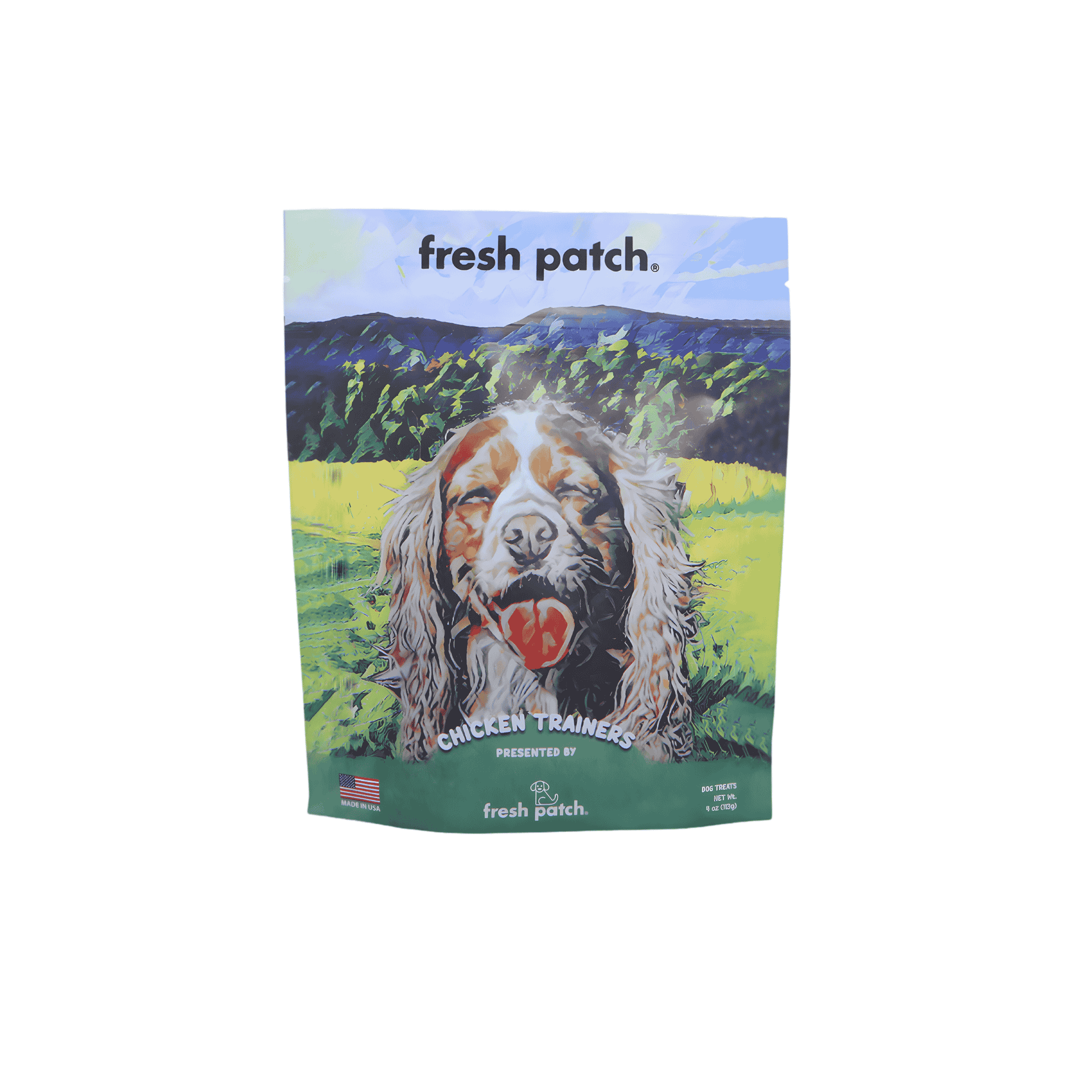 Dog treat package with a mountainous landscape and a dog's face on the label, featuring the brand 'fresh patch'.