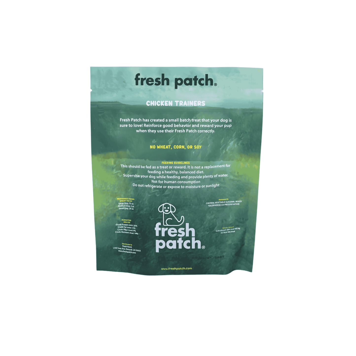 Green package of fresh patch chicken trainers on a white background
