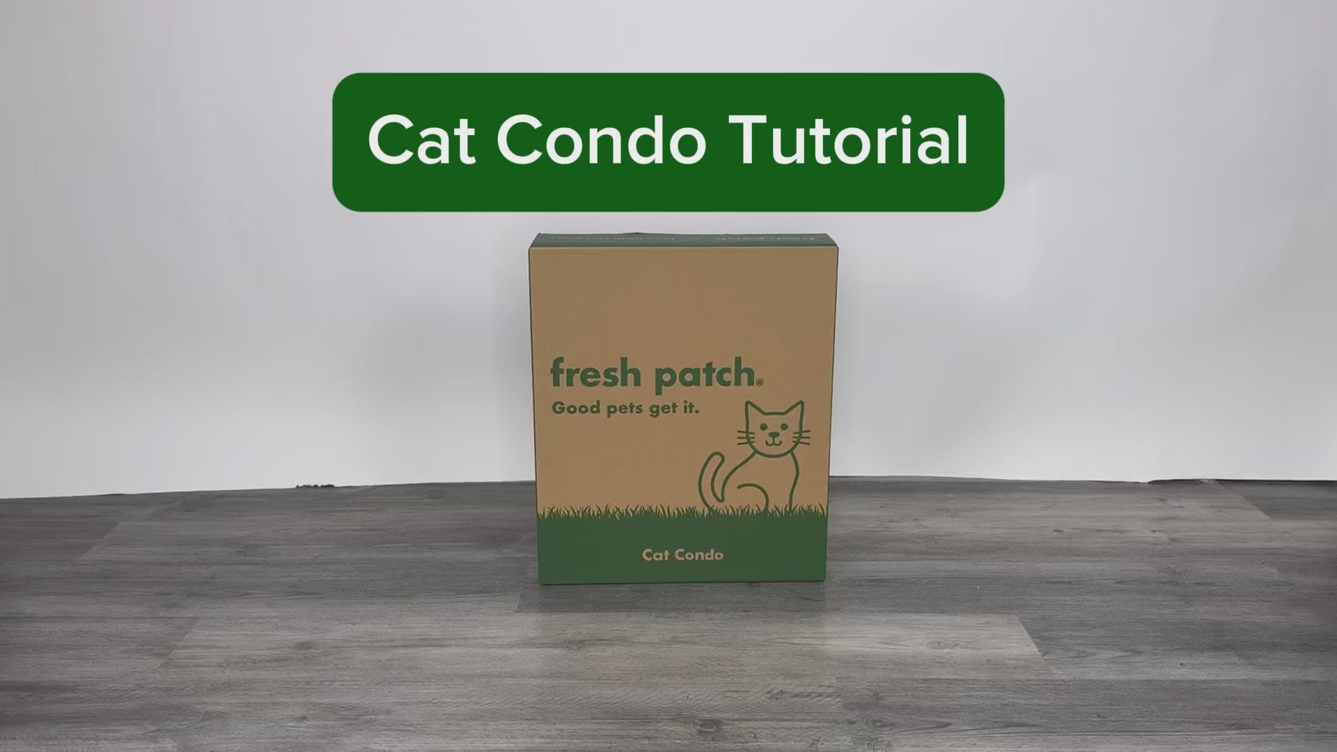 Load video: Tutorial video showing the building of a cat condo, a cardboard house for cats. Placement of real grass patch box next to condo.